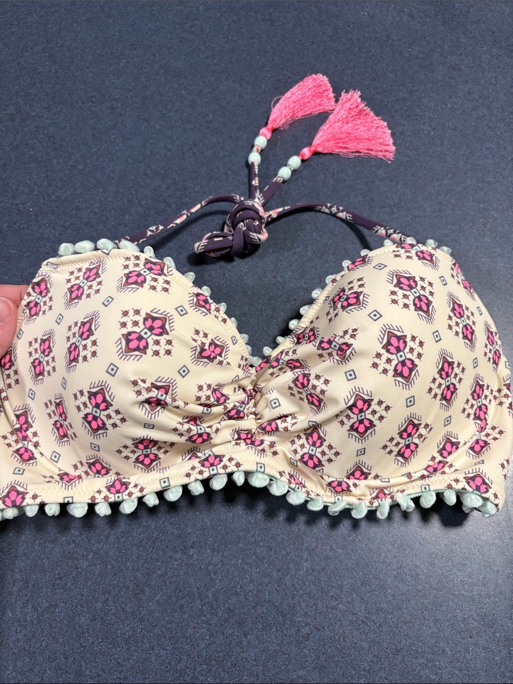 Victoria's Secret Cream Bikini Top with Pink Accents and Mint Pom-Poms